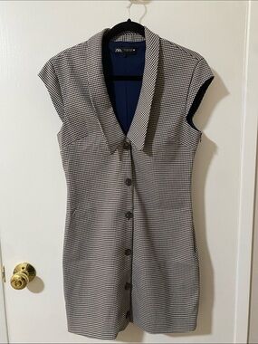 Zara Navy & Brown Houndstooth Dress - Large